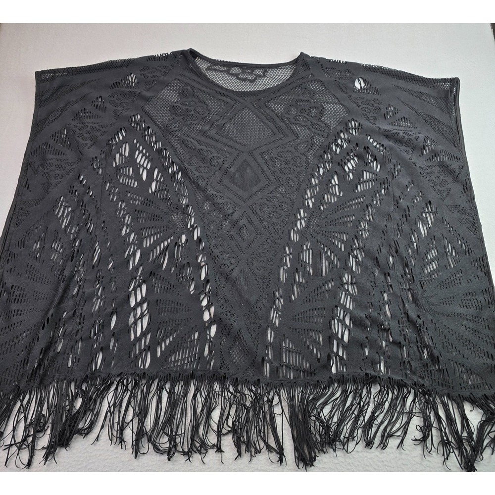 Black Boho Crochet Poncho Fringe Cover Up Sheer Festival Beach Kimono One Size
